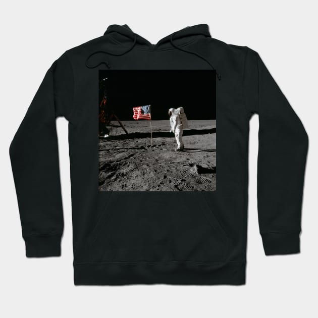 Astronaut and US Flag on Lunar Surface Apollo Moon Landing Hoodie by Brasilia Catholic